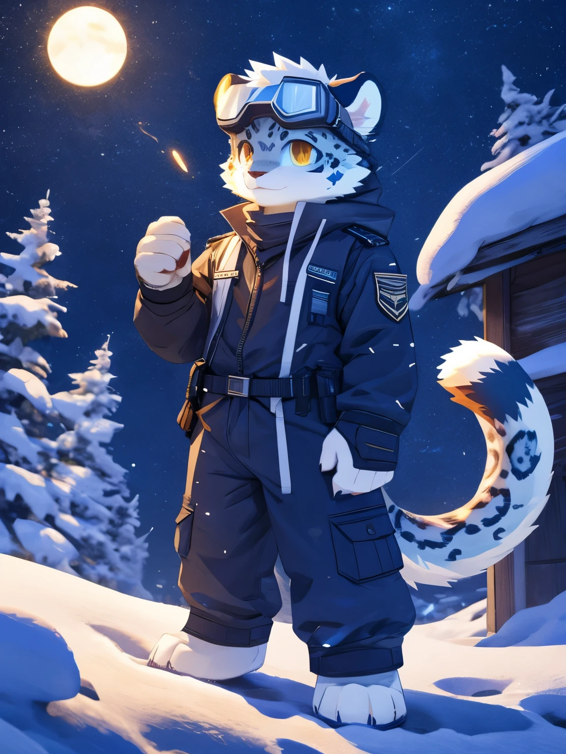 nj5furry,kemono,full-length portrait,anthro,hi res,juvenile,male,strong,Goggles,Sky blue adventure suit,White texture,commander,snow leopard,Fluffy hair,White plush paw,Fingerless gloves,Golden Eyes,Delicate eyes,Detailed eyes,Extremely high detail,8K HD characters,optimism,(particle, Scattered letters, sunlight): 1.3