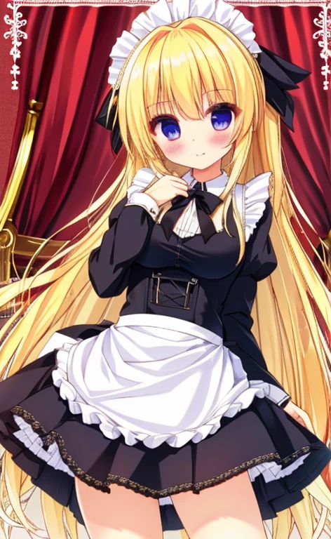 Beautiful long blonde Girl in black maid outfit Long sleeve whole body Long skirt Put your hand on your crotch