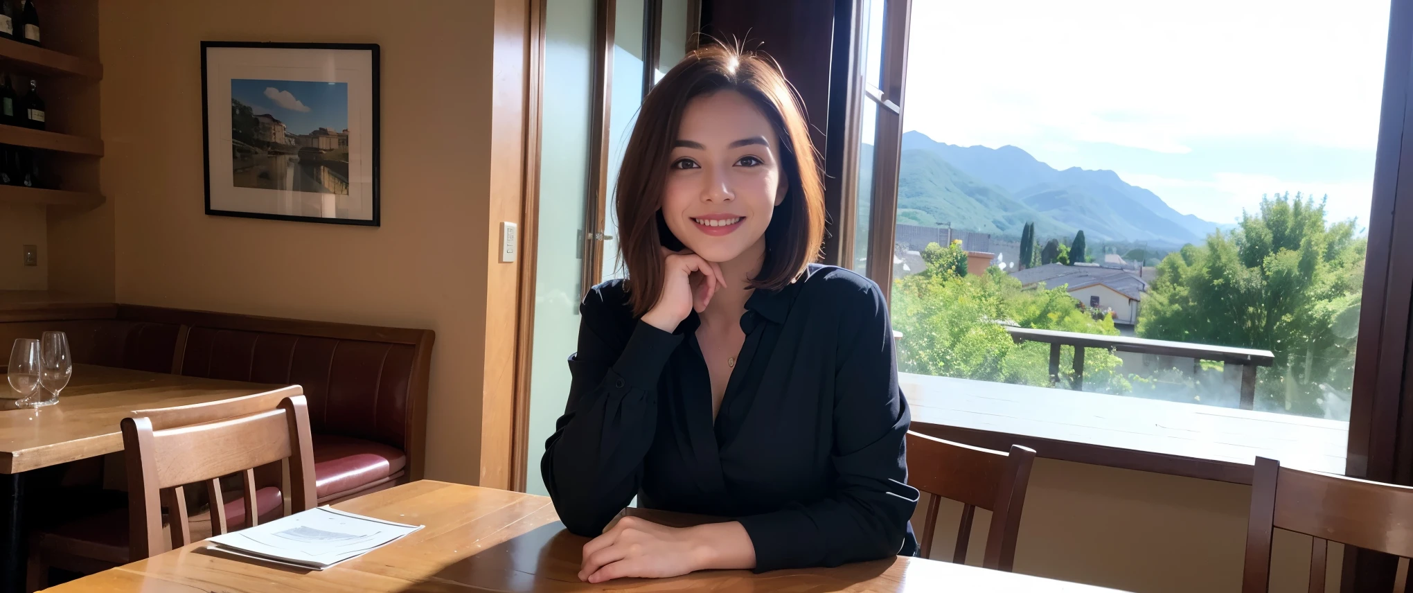 ((highest quality、8k、masterpiece:1.3))、1 male、1 female、Couple、spouse、Couple、Slim body、((Bob Hale、Straight hair:1.2)), (Realistic, Intricate details:1.2), Wine glass on the table、Shine light on your face、 Amazing view of the sunset sky and clouds、Amazing mountain views、A bright smile、The wonderfulness of smile、Bright image、The beauty of wine, Beautiful Face, blue eyes, The light shines on your face, Blushing, short hair,Bright Face、 (Age 39), 42 years old, red wine 、Appetizers、Italian food、Wine bottle、Champagne、sparkling wine、Two beauties、Brown Hair、Shortcuts、Long sleeve shirt、dress、Pretty Woman 1, (Slim face), (The body is slim), (Brown Hair), (Shortcuts), cheeks turn a little red,Attractive beauty、restaurant, In a prominent place (From the waist up) Nova Frog Style, actress, model, Upper Body, White wine, slim, wine glass, Wine glass placed in the center, smile, (smile: 1.15), Beautiful fine grain, Depth f/2,saturation, High Contrast, Strong light and shadow,Moist Body:1.5、3D texture、Delicate eyes、Brown Hair、The hair is very shiny、