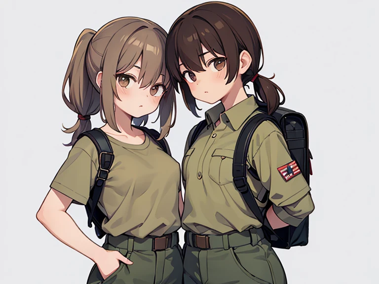 Two characters in a scene boy and girl (absolutely identical twins brother and sister)with the same cute beautiful girlish features, The first character is a handsome, modest, round-faced, brown-eyed boy with an ideal masculine physique., with semi-long brown hair tied in a ponytail, Military style (marsh color T-shirt, military style trousers with patch pockets, massive high infantry boots, backpack), and the second character is strong, very muscular feminist girl with aesthetic small breasts with beautiful erect nipples, with very tousled shaggy semi-long brown hair, hair between the eyes, Brown eyes, beautiful face, an athlete with well-developed proportional muscles, khaki racer jersey(absolutely no bra), military style trousers with patch pockets, massive high infantry boots, backpack; talk to each other, different emotions, free pose, free interaction with each other, against the backdrop of the realistic nature of central Russia