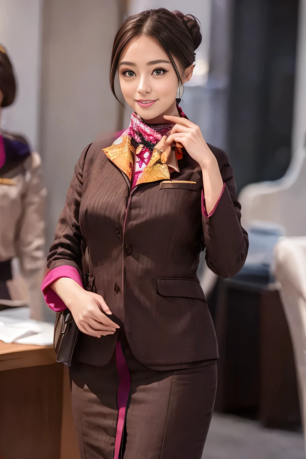 (masterpiece:1.2、highest quality:1.2)、32K HDR、High resolution、(alone、1 girl、Slim figure)、（A realistic reproduction of the ETIHAD Airways Cabincrew Uniform）、 (On board, Professional Lighting)、A proper woman, Beautiful Face,、（Long sleeve ETIHAD Airways Cabincrew Uniform）、（ETIHAD Airways Cabincrew Uniform skirt with purple stripe on the front）、（scarf on chest）、Big Breasts、（Long Hair Up、Hair Bun）、Dark brown hair、Long Shot、（（Great hands：2.0））、（（Harmonious body proportions：1.5））、（（Normal limbs：2.0））、（（Normal finger：2.0））、（（Delicate eyes：2.0））、（（Normal eyes：2.0））)、Beautiful standing posture、smile、Hands folded underneath
