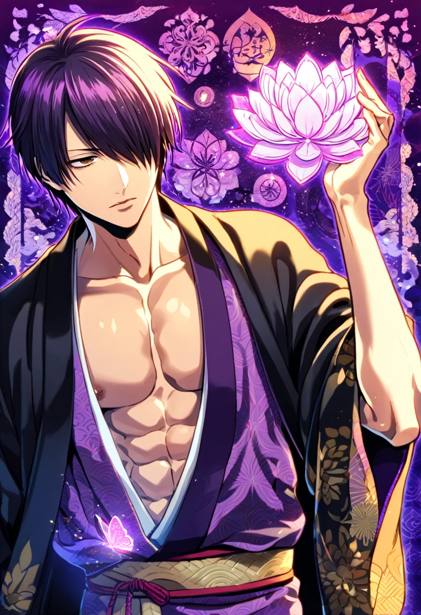 absurdres, highres, ultra detailed, HDR, master piece, best quality, Takasugi Shinsuke, dark purple hair, hair over the left eye, expressive brown eyes, Gintama, solo, handsome, sexy man, toned chest, black haori, purple kimono, patterns, magical, fantasy, purple background, purple lotus, shining, purple petals, purple sparkling butterflies, purple water