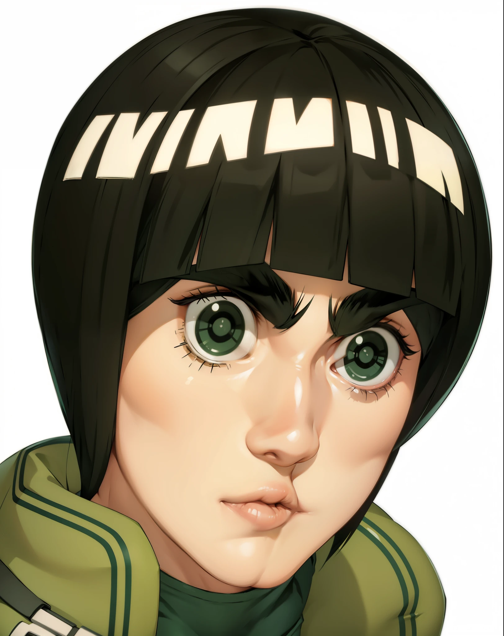 Rock Lee, extremamente realista, muito lindo, cabelo liso, cabelo brilhando, bandages on hands and arms, colete verde, legging pants, faixa na perna, Fitness 