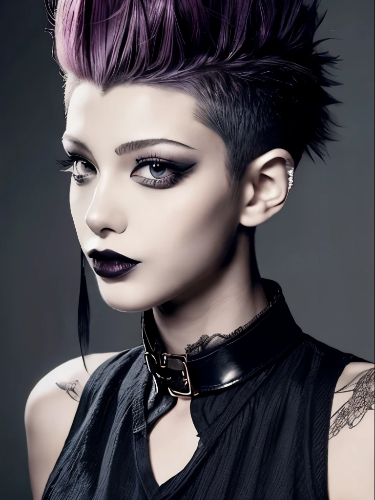 Punk woman wearing a black fishnet top posing for a photo in a club at night, night club lights, black make-up, techno aesthetic, techno fashion, neon lights, ultra detailed, masterpiece.