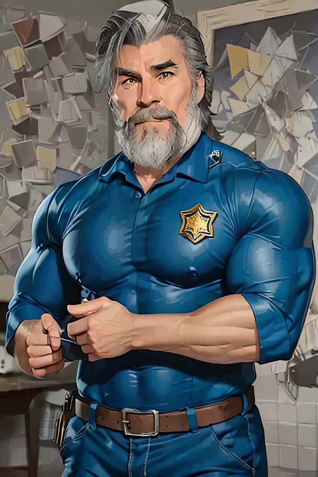 daddy greg, wearing police uniform with oily body and muscles