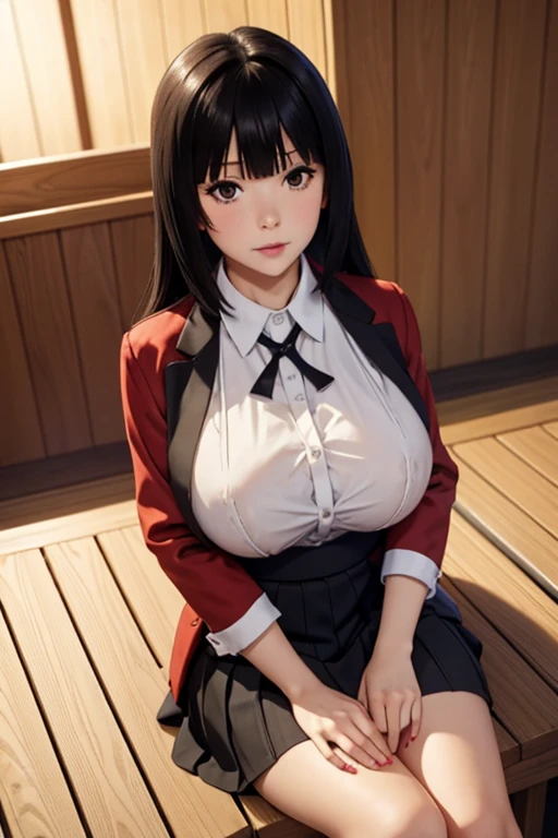 sit in Sauna room , steam , waistband of skirt is at the point above chest , Tight shirt , white Shirt , school girl , skirt under breasts , skirt is near breasts area , skirt is adjacent to the chest , jabami yumeko, black hair, long hair, blunt bangs , red jacket, shirt, black skirt , big breasts