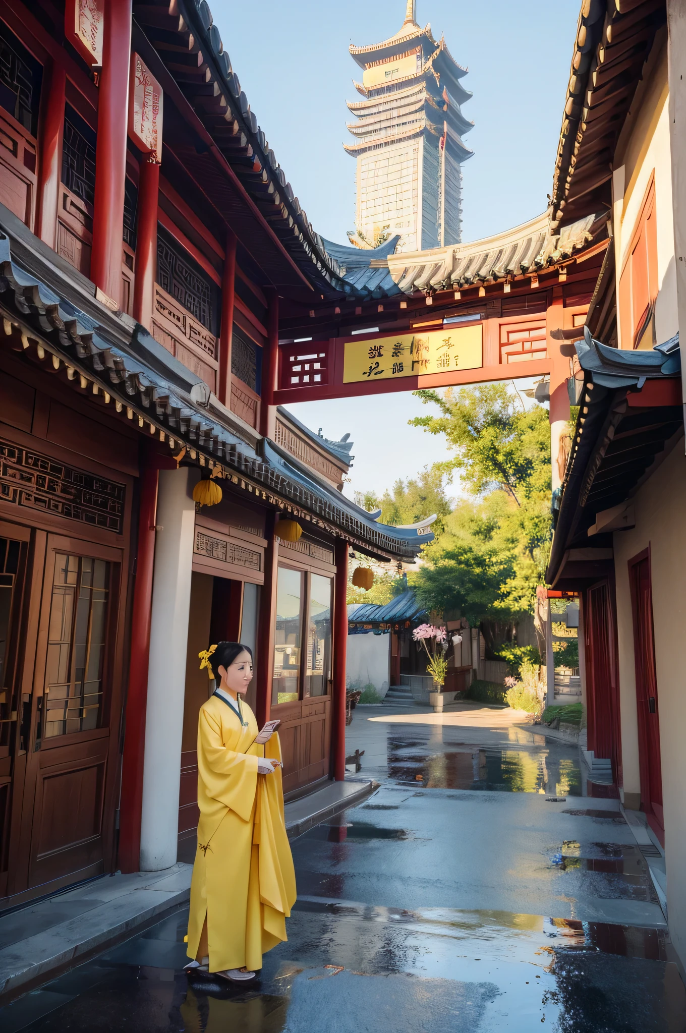 Chinese Architecture,Yellow Crane Tower,Located on Jiang'an,Magnificent,Wooden structure,Fine brushwork ink painting,Gouache,panoramic,high quality,High Detail,16K,high resolution