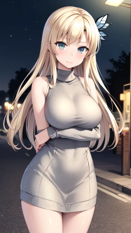 masterpiece, best quality, highres, Kashiwazaki Sena, long hair, hair ornament, large breasts, sweater dress, sleeveless, outdoors, night, street,