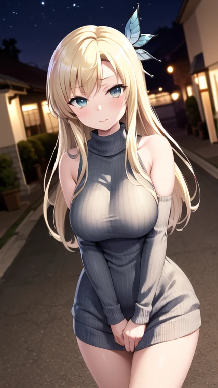 masterpiece, best quality, highres, Kashiwazaki Sena, long hair, hair ornament, large breasts, sweater dress, sleeveless, outdoors, night, street,