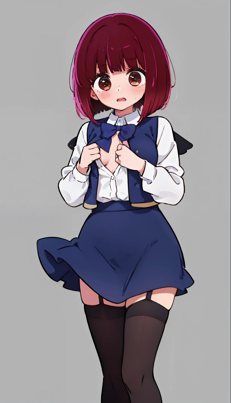 highest quality, Flying debris、Beautiful woman、Office Lady、Black Hair、(Brown eyes、Big Breasts、Blunt bangs)、short hair、Dark blue checked office suit)、new employee,Full Body Shot、Female office lady、break(Dark blue checked vest、White dress shirt、Navy blue mini tight pencil skirt:1.2)、(Black Pantyhose、garter belt、High heels)、break(office:1.3)、Cleavage、Shirt buttons fly off、Absolute area、Blushing、Embarrassed、Standing posture、Open your mouth、Exposing the breasts、Bare your breasts、No panties、No bra、Nipples are visible、Expose the nipple、20-year-old