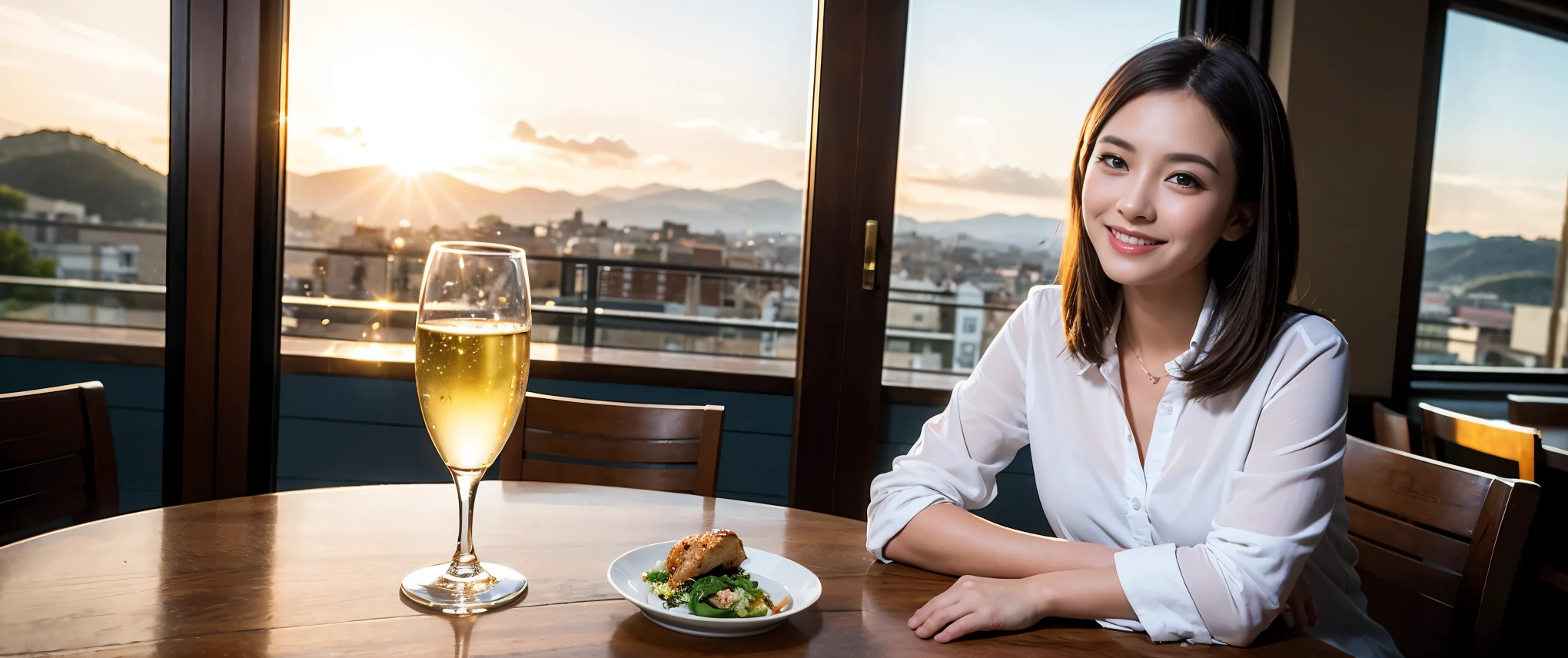 ((highest quality、8k、masterpiece:1.3))、1 male、1 female、Couple、spouse、Couple、Slim body、((Bob Hale、Straight hair:1.2)), (Realistic, Intricate details:1.2), Wine glass on the table、Shine light on your face、 Amazing view of the sunset sky and clouds、Amazing mountain views、A bright smile、The wonderfulness of smile、Bright image、The beauty of wine, Beautiful Face, blue eyes, The light shines on your face, Blushing, short hair,Bright Face、 (Age 37), 39 years old, red wine 、Appetizers、Italian food、Wine bottle、Champagne、sparkling wine、Two beauties、Brown Hair、Shortcuts、Long sleeve shirt、dress、Pretty Woman 1, (Slim face), (The body is slim), (Brown Hair), (Shortcuts), cheeks turn a little red,Attractive beauty、restaurant, In a prominent place (From the waist up) Nova Frog Style, actress, model, Upper Body, White wine, slim, wine glass, Wine glass placed in the center, smile, (smile: 1.15), Beautiful fine grain, Depth f/2,saturation, High Contrast, Strong light and shadow,Moist Body:1.5、3D texture、Delicate eyes、Brown Hair、The hair is very shiny、