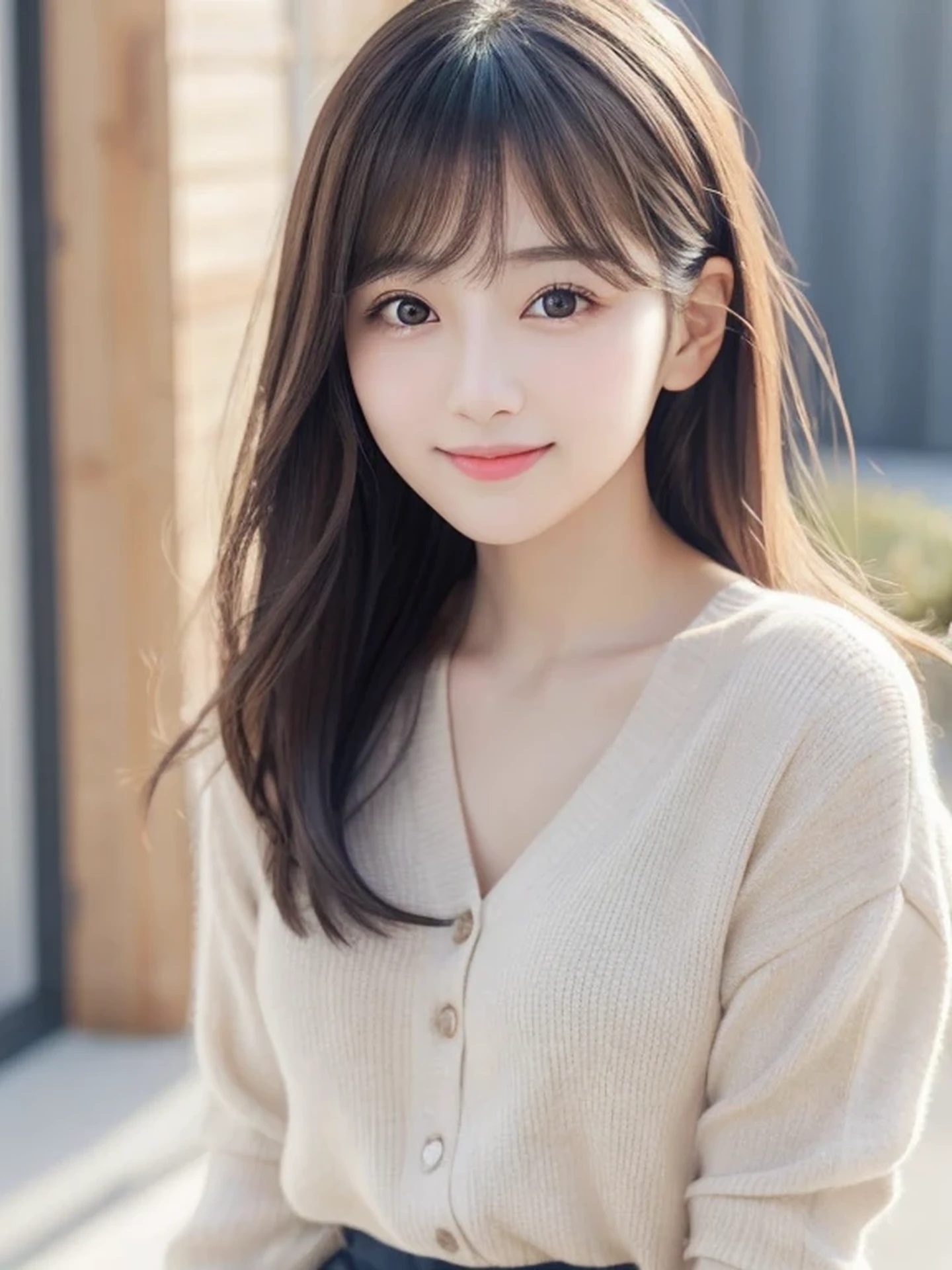 Beautiful Japanese Woman, Soft skin and a nice perfect face, A small face with a nose and rosy lips, Beautiful Eyes, Beautiful smile. black, Surrounded by a bright, ethereal glow、Thin, long, beautiful hair. A loose, short hairstyle with gradation highlights and layers of greyish beige, Navy skirt, Hyperrealistic female photos, High quality high resolution 8K masterpiece