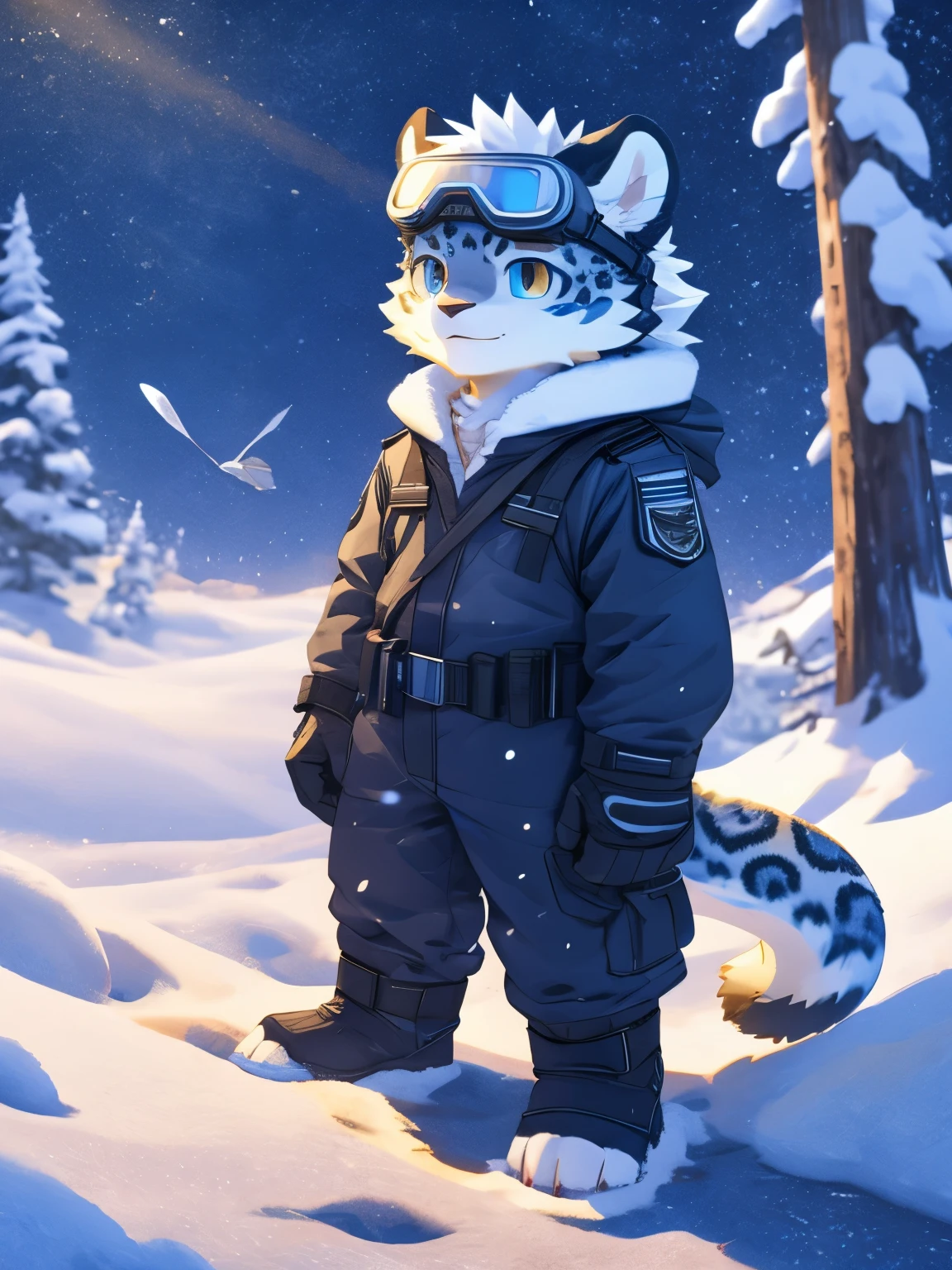 nj5furry,kemono,full-length portrait,anthro,hi res,juvenile,male,strong,Goggles,Sky blue adventure suit,White texture,commander,snow leopard,Fluffy hair,White plush paw,Fingerless gloves,Golden Eyes,Delicate eyes,Detailed eyes,Extremely high detail,8K HD characters,optimism,(particle, Scattered letters, sunlight): 1.3