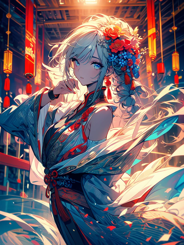 ((8k,masterpiece, best quality, highres)) ultra-detailed, beautiful, full-body shooting,Realistic eyes,perfect face,beauty,perfect body,1girl,voluptuous_body,narrow_waist,parted lips,thin and tall,Illustrate a scene of a 27-year-old girl wearing a Chinese fantasy robe sleeping on grass at nighttime. Include flowers in the background. Use a colorful palette and incorporate elements of Chinese martial art into the style, resembling Donghua animation.