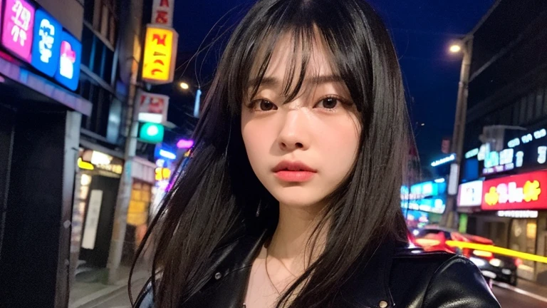 (Highly realistic photos, concentrate、High resolution, Detailed face, Detailed Hair,fine grain), ((Shooting in front of a wall))、Japanese women, 20-year-old, various expressions, Upper Body、alone:1, Slim figure,((Wearing a black jacket))、Only one person is in the photo、Natural look、(Light bangs、Long Hair、Black Hair,)、Selfie,The intense neon lighting casts dynamic, colorful shadows on her face, emphasizing the lively energy of Tokyo's night life --ar 3:4 --style raw --stylize 250