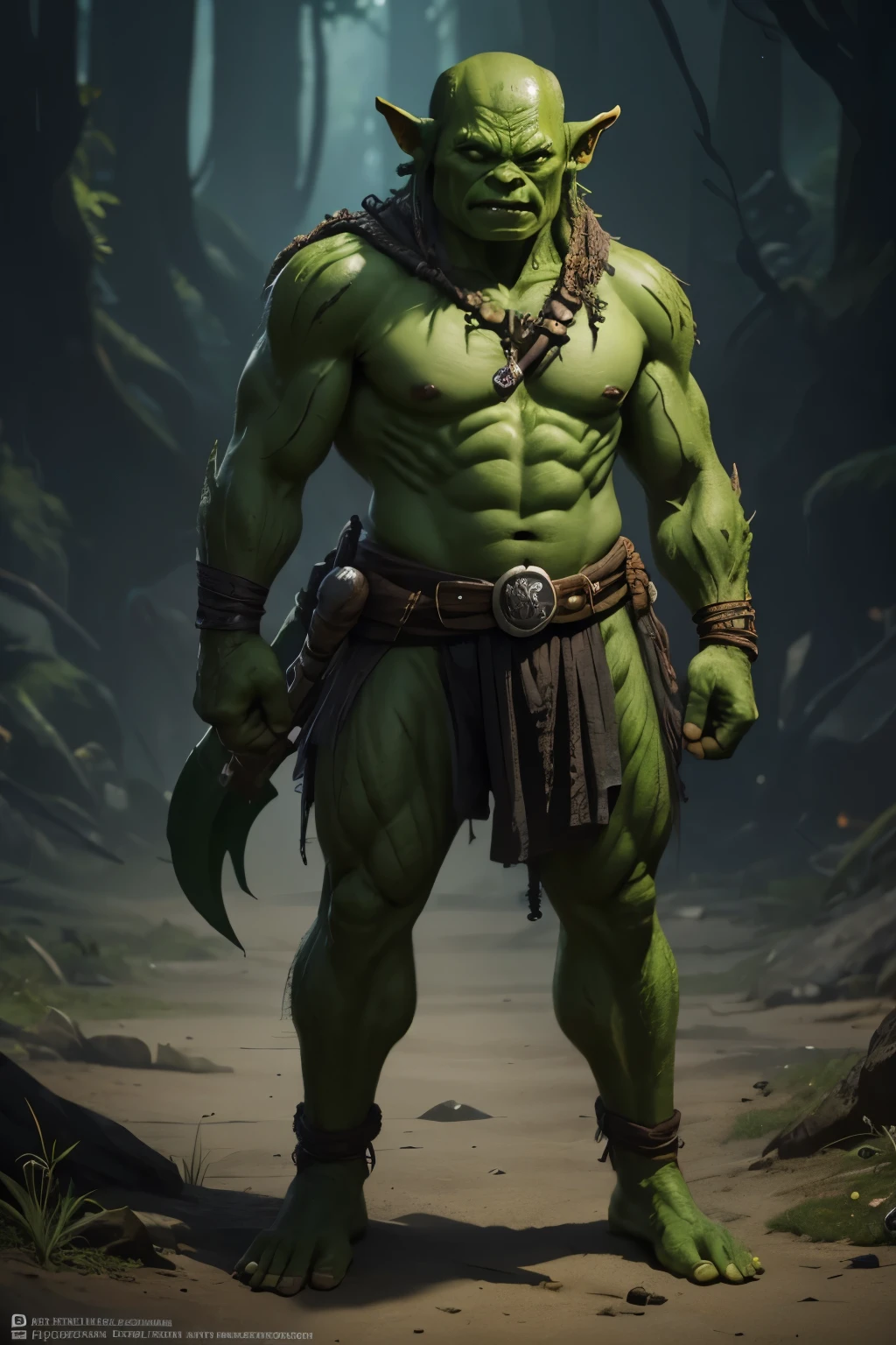 (full body), 8K,1 green-skinned goblin,(realistic representation), orc themed, goblin portrait, super detailed fantasy characters, Humanoid Creatures, creature concept art