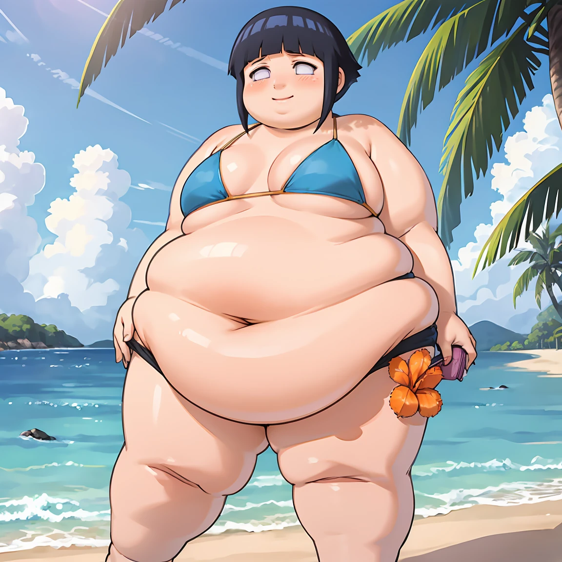 standing, shy, happy, blush, 1girl obese, obese hyuuga hinata, thick thighs, fat face, big cheeks, fat belly, small fat neck, fat arms, black hair, white eyes, no pupils, small breats,  bikini, ultra detailed, tropical beach, orange sushine, masterpiece, best quality, aesthetic, detailed