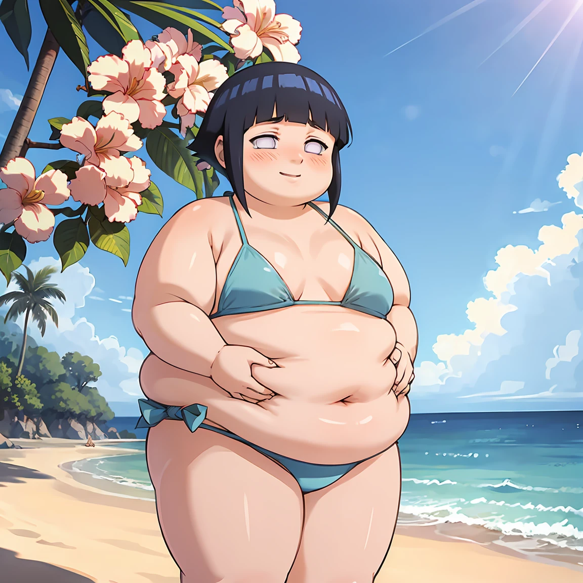 standing, shy, happy, blush, 1girl obese, obese hyuuga hinata, thick thighs, fat face, big cheeks, fat belly, small fat neck, fat arms, black hair, white eyes, no pupils, small breats, bikini, ultra detailed, tropical beach, orange sushine, masterpiece, best quality, aesthetic, detailed