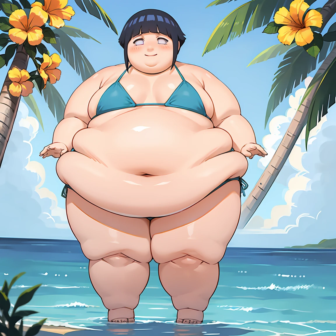 standing, shy, happy, blush, 1girl obese, obese hyuuga hinata, thick thighs, fat face, big cheeks, fat belly, small fat neck, fat arms, black hair, white eyes, no pupils, small breats,  bikini, ultra detailed, tropical beach, orange sushine, masterpiece, best quality, aesthetic, detailed