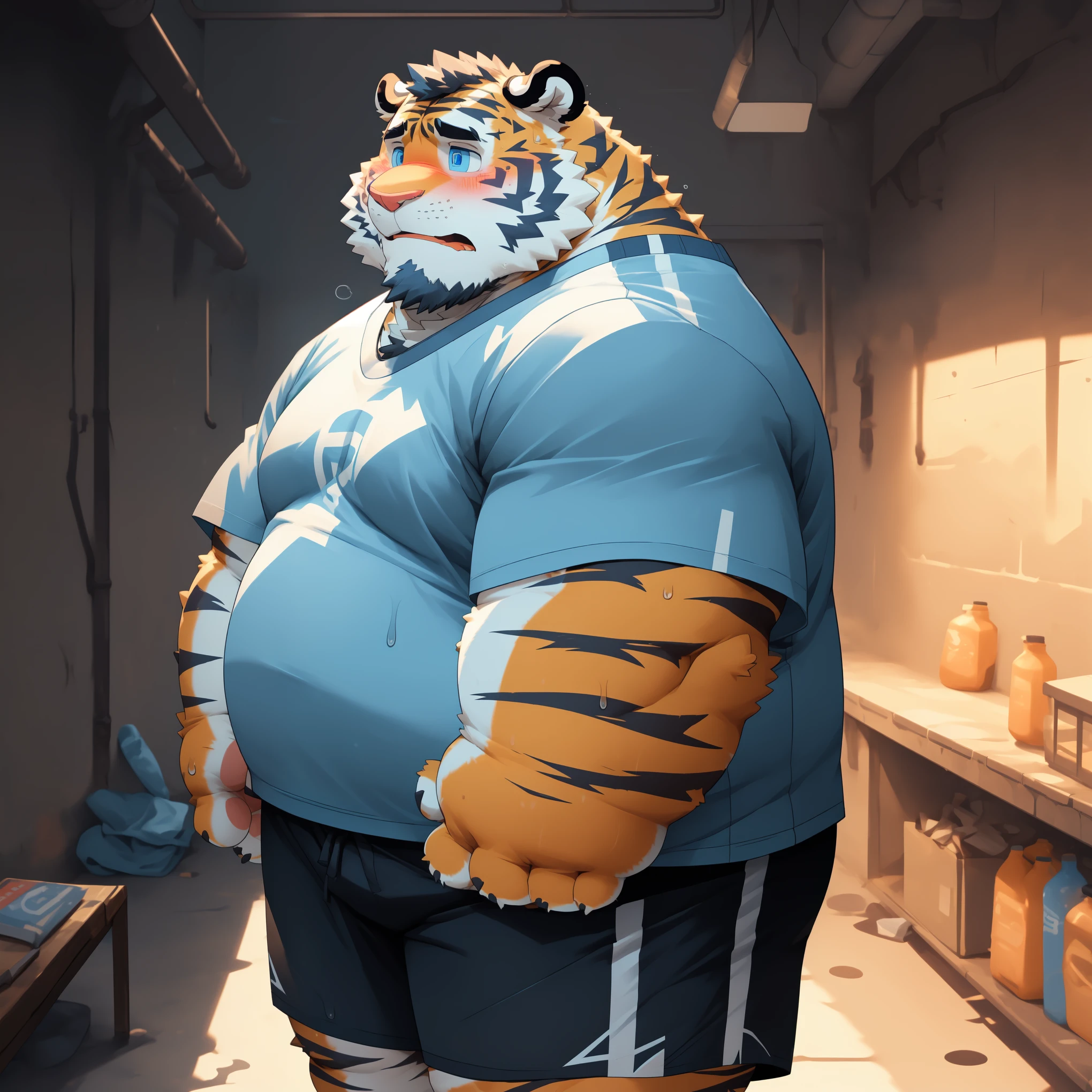 New Jersey 5 Furry,Tiger,Solitary,Chubby,Fat,Thick arms,Rugged muscles,shorts,orange Plush fur,Chubby Face,Black eyebrows,Sky blue eyes,Beard,(Gloomy basement),(t-shirt,shorts),(Fold both hands),(blush),(Sweating),