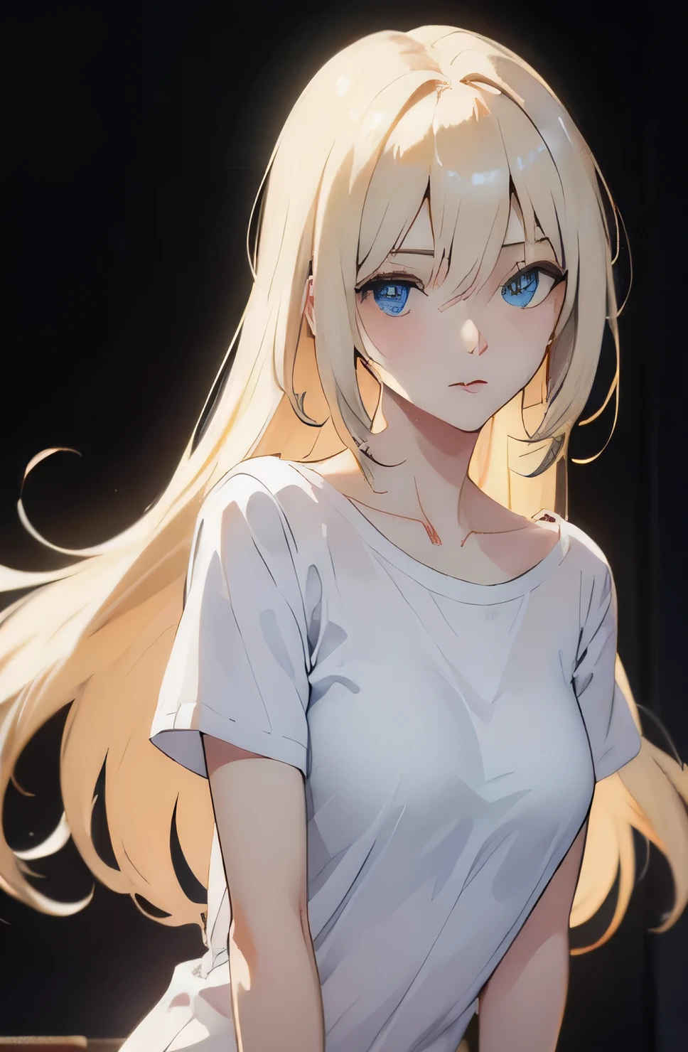 Unparalleled beauty, shiny shiny firm and shiny skin, bangs between eyes, shiny straight beautiful platinum blonde, super long straight silky hair, eyeliner, sexy beautiful innocent 14 years old, high definition big big beautiful bright blue eyes, beautiful and lovely girl, baby face, short sleeve shirt