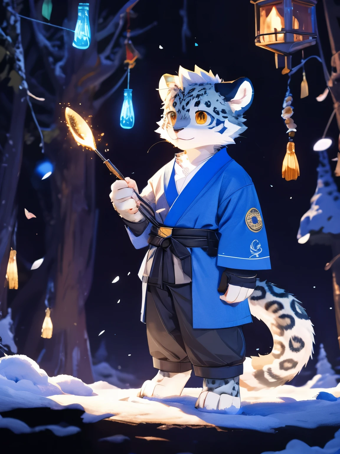 nj5furry,kemono,full-length portrait,anthro,hi res,juvenile,male,strong,Blue robe,White texture,commander,snow leopard,Fluffy hair,White plush paw,Fingerless gloves,Golden Eyes,Delicate eyes,Detailed eyes,Extremely high detail,8K HD characters,optimism,(particle, Scattered letters, sunlight): 1.3