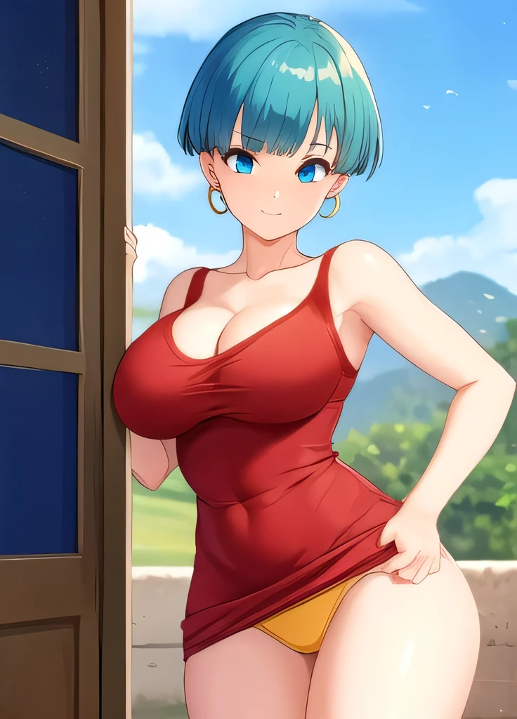 masterpiece, best quality, highest quality, (perfect illumination), (photorealistic), perfect anatomy, perfect face, perfect eyes,
bulmadbzreddress, aqua hair, short hair, blue eyes, earrings, She wears two pieces of underwear with very sexy strings, big breasts, a very thin waist, a big butt,