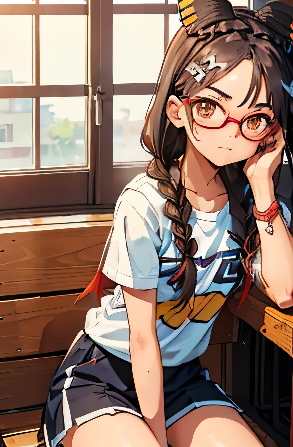 ((( character : teenager : Tzuyu : nerd : fit body : braided hair : glasses :  : sitting  )))