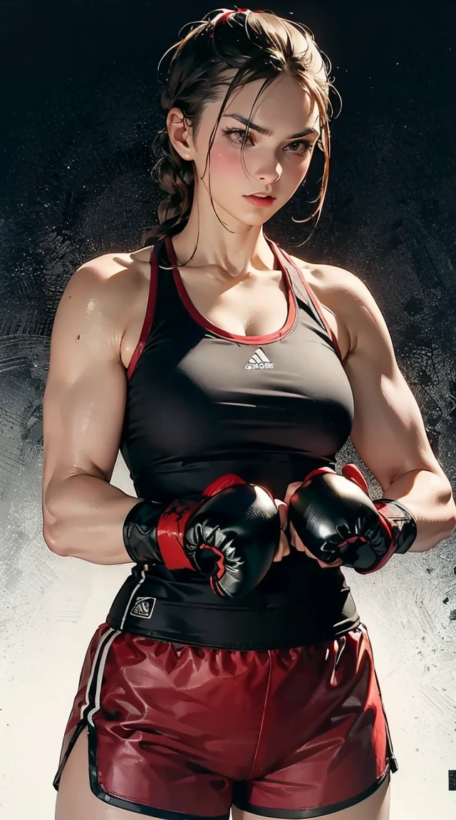 Imagine a powerful kickboxer, standing confidently in a fighting stance, with defined muscles and a determined expression. She has long, braided hair styled in intricate boxer braids, which add to her fierce appearance. She wears traditional kickboxing attire, perhaps shorts and a tank top, along with hand wraps and gloves. The background could feature a gym setting or a ring, emphasizing her dedication to training and combat sports. This combination captures the essence of a kickboxing fighter with boxer braids.