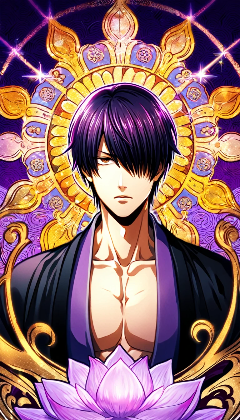 absurdres, highres, ultra detailed, HDR, master piece, best quality, Takasugi Shinsuke, dark purple hair, hair over the left eye, expressive brown eyes, Gintama, solo, handsome, sexy man, toned chest, black haori, purple kimono, patterns, magical, fantasy, purple background, purple lotus, shining, purple petals, purple sparkling butterflies, purple water