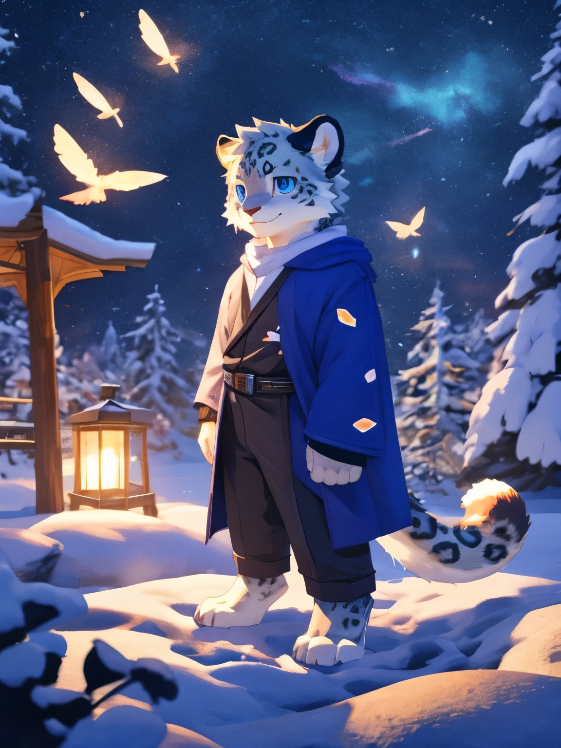 nj5furry，kemono，full-length portrait，anthro，hi res，juvenile，male，strong，Blue robe，White texture，commander，snow leopard，Fluffy hair，White plush paw，Fingerless gloves，Golden Eyes，Delicate eyes，Detailed eyes，Extremely high detail，8K HD characters，optimism，(particle, Scattered letters, sunlight): 1.3
