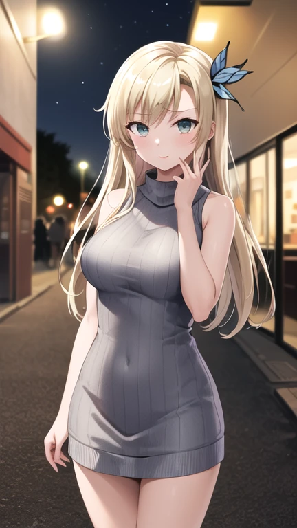 masterpiece, best quality, highres, Kashiwazaki Sena, long hair, hair ornament, large breasts, sweater dress, sleeveless, outdoors, night, street,