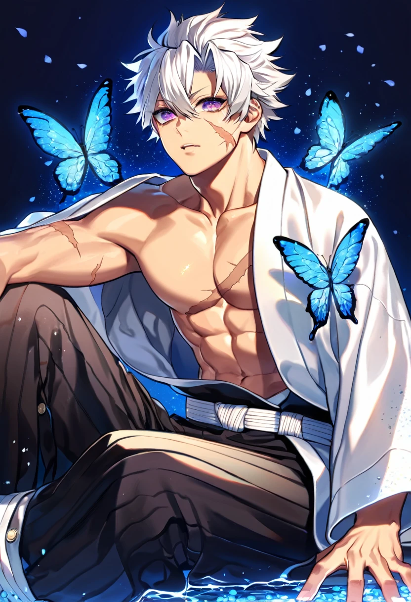 Ultra detailed, HDR, Highres, absurdres, master piece, Shinazugawa Sanemi, white hair, expressive dark purple eyes, scar on his face, black demon slayer clothes, white haori, Kimetsu No Yaiba, glittering blue butterflies, petals, blue flowers, handsome, sexy man, toned chest, extremely detailed face and eyes, glittering, blue background, perfect face, best quality, blue water, sitting