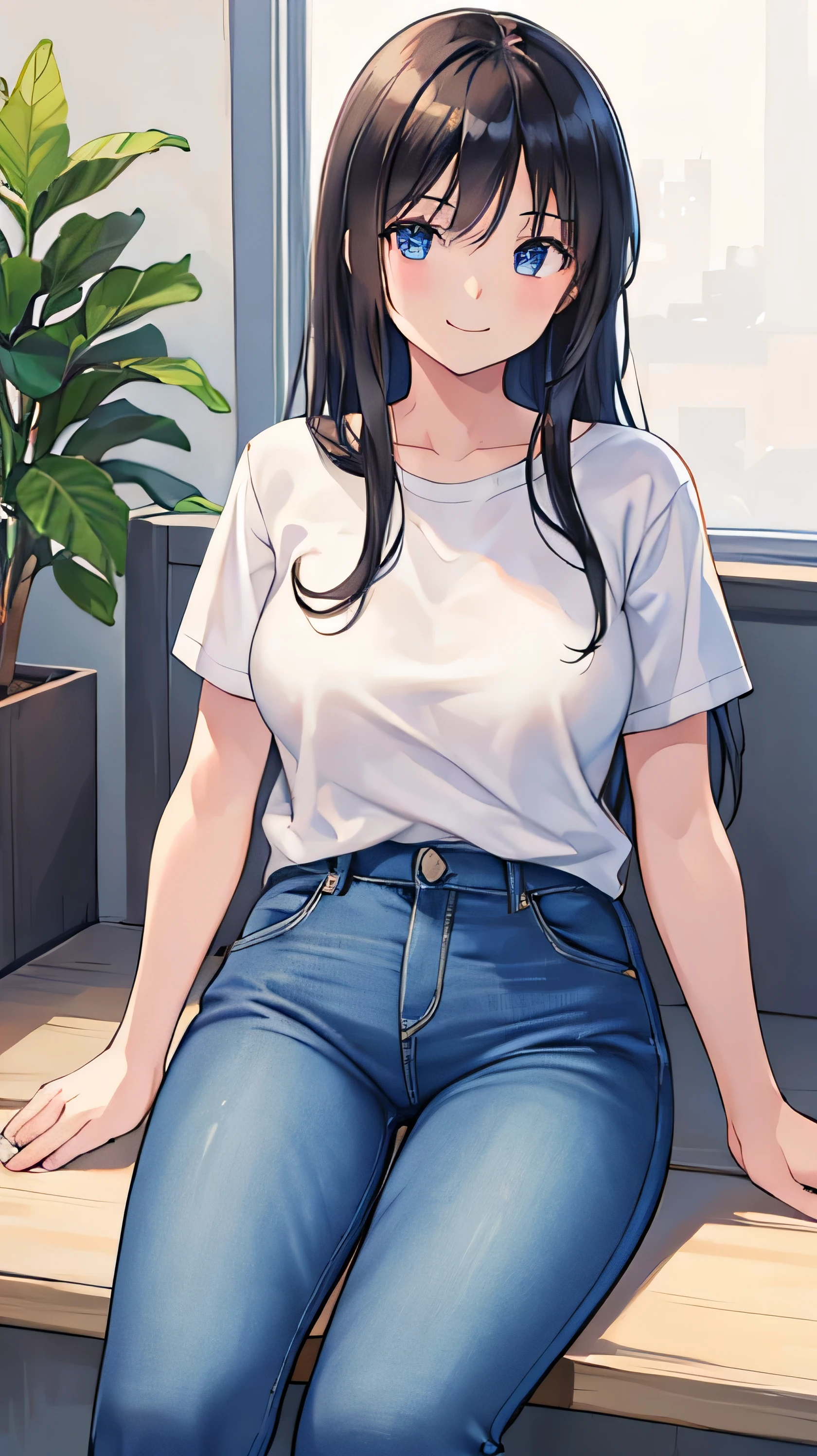 Brown hair, sexy, large breasts, white shirt, Jeans, busty, buxom, curvy, voluptuous