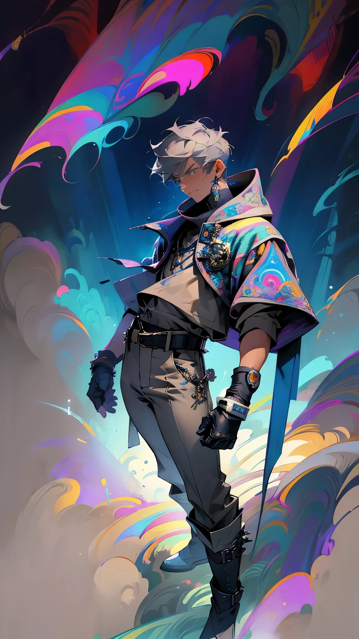 a young man with grey hair and grey eyes, wearing a ice hooded cape, a blue shirt, beige pants, gloves, a belt, and boots, masculine pose, figther expression, colorful smoky background, magical smoke, psychedelic colors