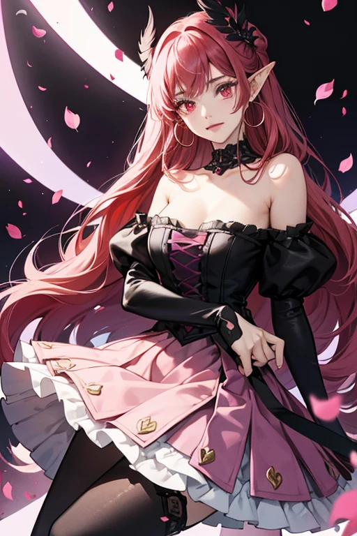 Rose is a Fairilu. She has long red hair with side swept bangs and a rose decoration on the side of her hair with a black base. She has white skin, red highlights on her eyelids, red eyes, pink cheeks, and pointy ears. For apparel, she has yellow hoop earrings on her ears. She wears a black top with a grey collar. She wears a purple bell-shaped bottom and purple petal-patterned overskirt. She wears long, black gloves on her arms. She wears black pantyhose and black knee-high boots. She has dark pink wings. Two dark pink ribbon strands are also shown dangling from her wing. SPARKLE; GLITTER