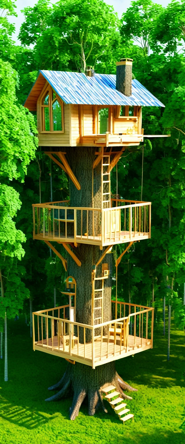 Imagine a 30 square meter house on a tree in the forest, unique style, artistic creativity, high-definition 8K rendering,