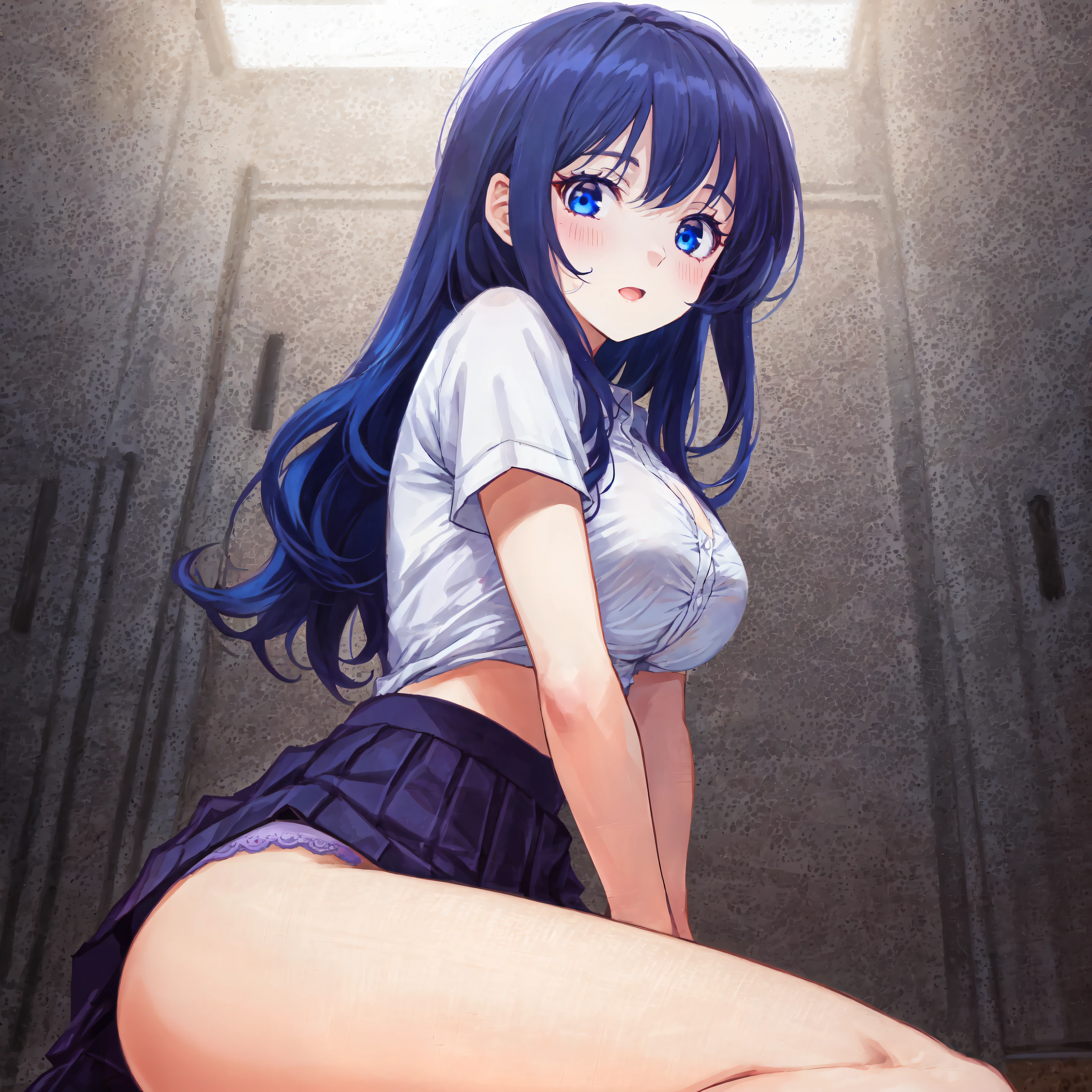 Changing clothes,Skirt down,Sit on the ground,blush,Photorealistic 1;4,{{inwardly curled dark blue hair}},From Below,{{Beautiful large and medium sized breasts 1:4}},high quality panties,High quality bra,Locker in the back,{{high school girl}},Black pleated skirt,highest quality,From Below,{{Beautiful ass}},pretty girl,brush,High-quality backgrounds,Slanted Eyes,Detailed shirt chest wrinkles,{{{high school girl}}},BREAK,{{beautiful blue eye1:4}},BREAK,Five fingers