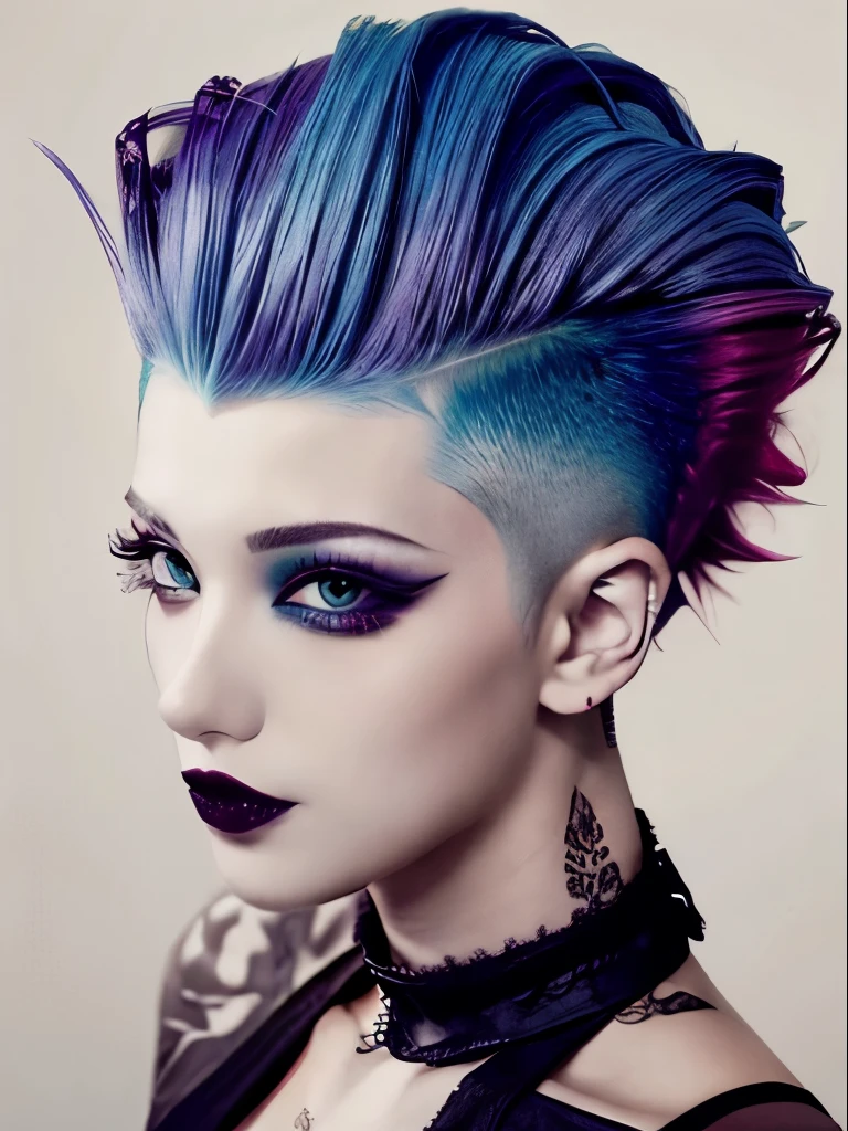 1girl,mowhawk with shaved sides, bright gradient hair, goth makeup, alt, indoors