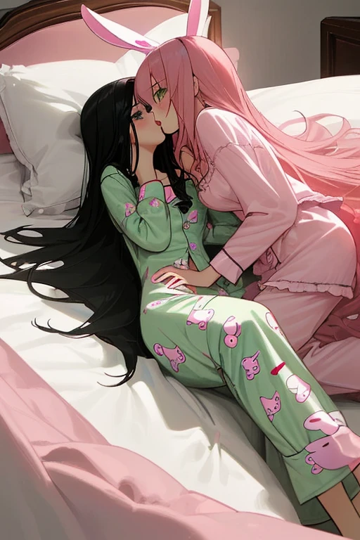 I would like a picture that shows two girls in a bed. One of them is lying down with long pink hair, green eyes, innocent look and is wearing pajamas with a half-undressed bunny design. The other girl long black hair, gray eyes, dominant look is leaning over her, giving her a kiss on her belly with desire, anime