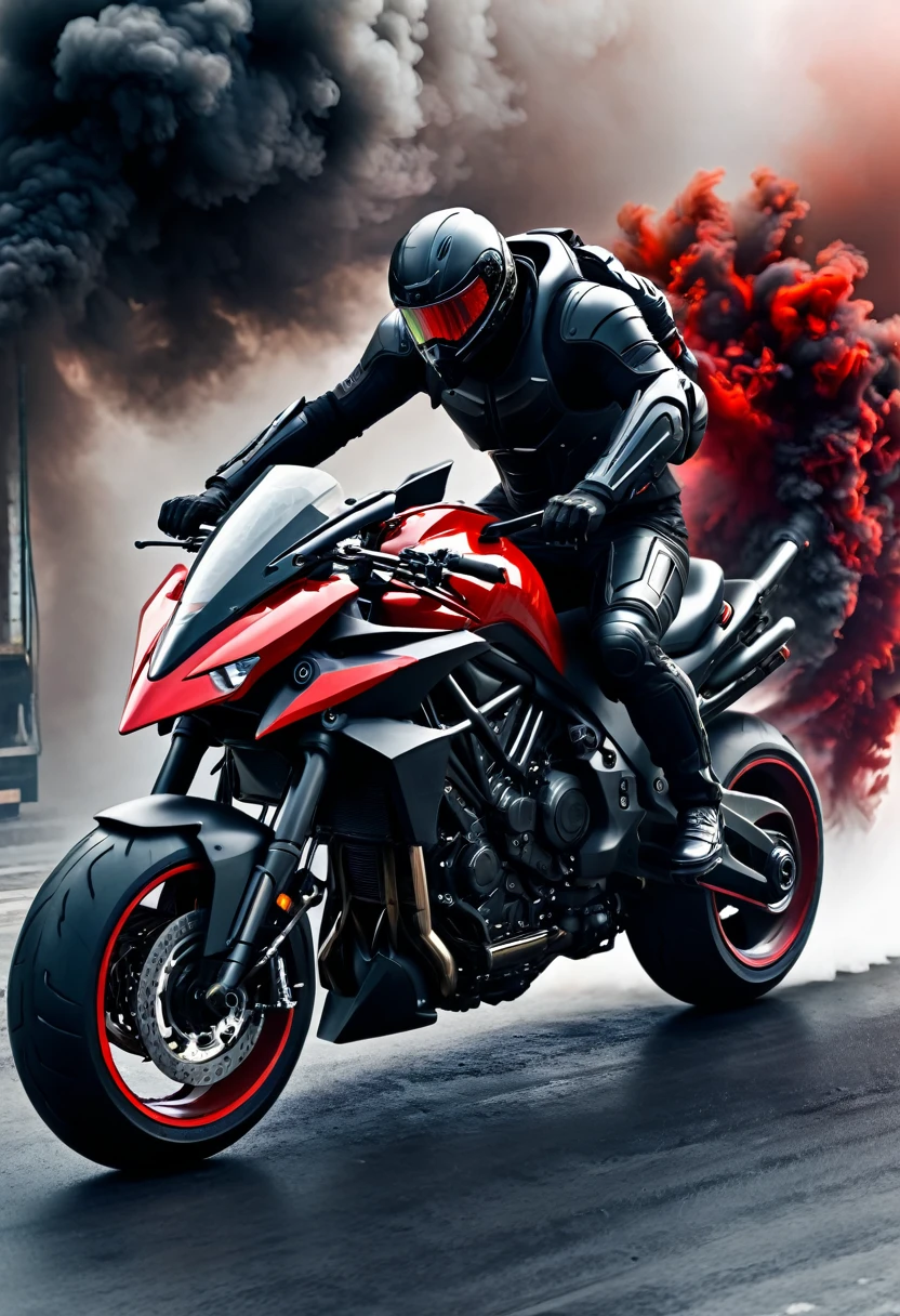 futuristic_monstrous_motorcycle, full_body_augmented, heavy_weaponry, perfect architect, red_black_color, heavy_smoke, motion blur, UHD,epic Realism, ultra detailed.