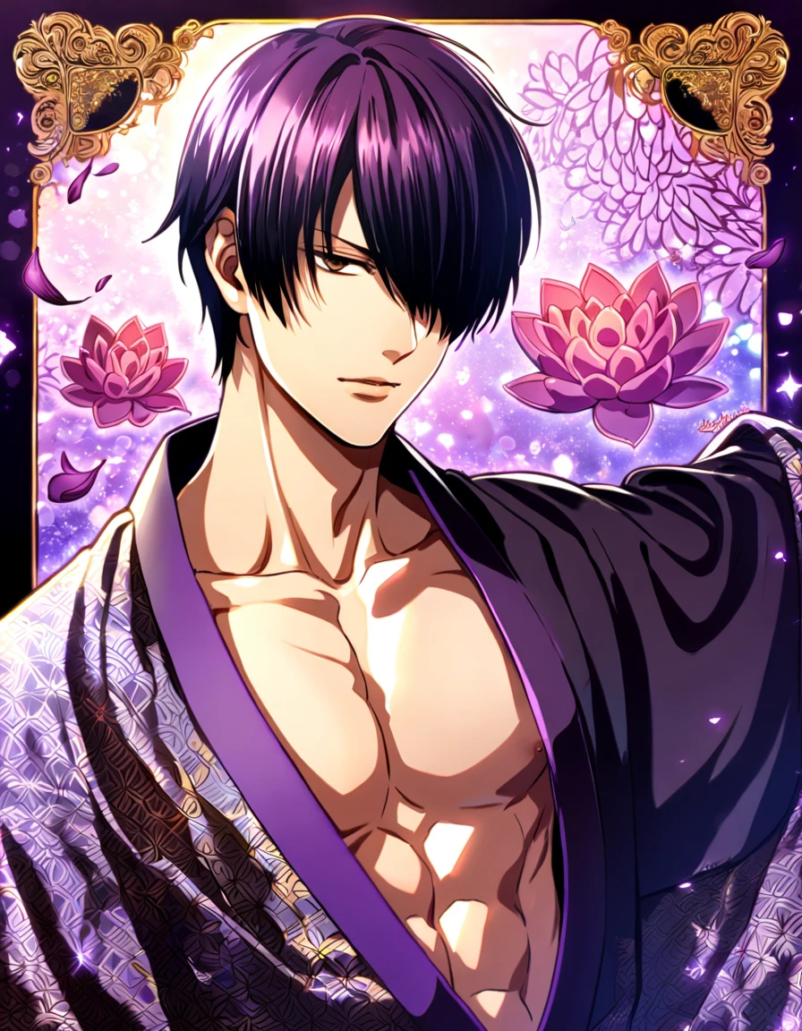 absurdres, highres, ultra detailed, HDR, master piece, best quality, Takasugi Shinsuke, dark purple hair, hair over the left eye, expressive brown eyes, Gintama, solo, handsome, sexy man, toned chest, black haori, purple kimono, patterns, magical, fantasy, purple background, purple lotus, shining, purple petals, purple sparkling butterflies, purple water