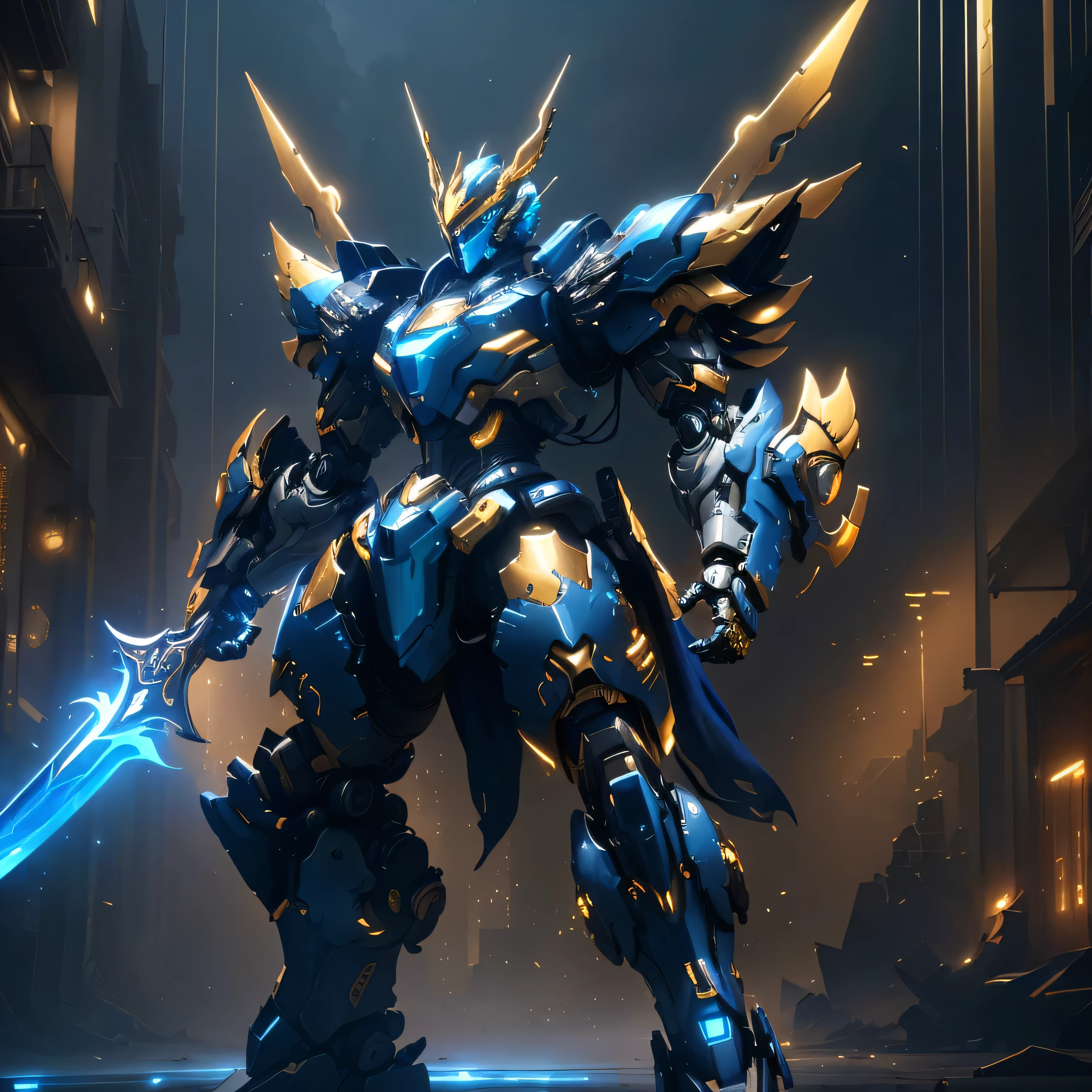 masterpiece, best quality, ultra-detailed, illustratio, sea , nobody, no_human,arafed robot with a sword in a futuristic city, intricate glowing mecha armor, cool mecha style, gold paladin, unreal engine render saint seiya, intricate assasin mecha armor, an anime large mecha robot, greek god in mecha style, intricate mecha armor, unreal engine 4k wallpaper, detailed warframe, cyber japan armor