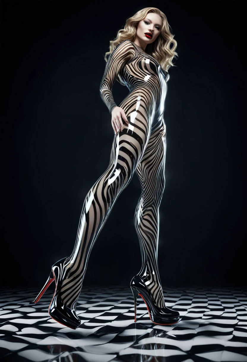 black background,female venom wearing high heels,in the style of translucent resin waves, daria endresen,anatomical correct， rendered in cinema4d, anton fadeev, stripes and shapes, uhd image, cross processing