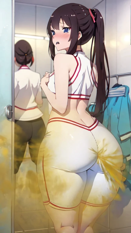 2 Asian girls, anime girls, both farting together side by side, desperate to poop, farting while standing, farting in public changing room, wearing fencer suit, stomach bloated, hands hugging stomach, pained expression, shocked and embarrassed, mouth open in shock, sweating, blushing, beautiful and cute face, anime art style, fit body, tall and thin, view from back