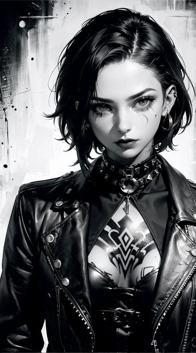 (best quality,4k,8k,highres,masterpiece:1.2),ultra-detailed,(realistic,photorealistic,photo-realistic:1.37),punk gothic woman,facial piercing,tattoos,black and white portrait,White hair fierce expression,detailed facial features,smoky eye makeup,dark lipstick,cropped hair,punk rock fashion,leather jacket,studded collar,ripped fishnet stockings,ankle boots,graffiti background,edgy lighting,contrast,highly textured tattoos,body art,heavy metal style,gothic atmosphere,monochrome palette