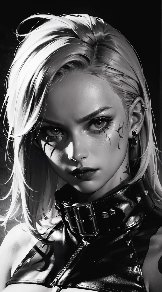 (best quality,4k,8k,highres,masterpiece:1.2),ultra-detailed,(realistic,photorealistic,photo-realistic:1.37),punk gothic woman,facial piercing,tattoos,black and white portrait,White hair fierce expression,detailed facial features,smoky eye makeup,dark lipstick,cropped hair,punk rock fashion,leather jacket,studded collar,ripped fishnet stockings,ankle boots,graffiti background,edgy lighting,contrast,highly textured tattoos,body art,heavy metal style,gothic atmosphere,monochrome palette