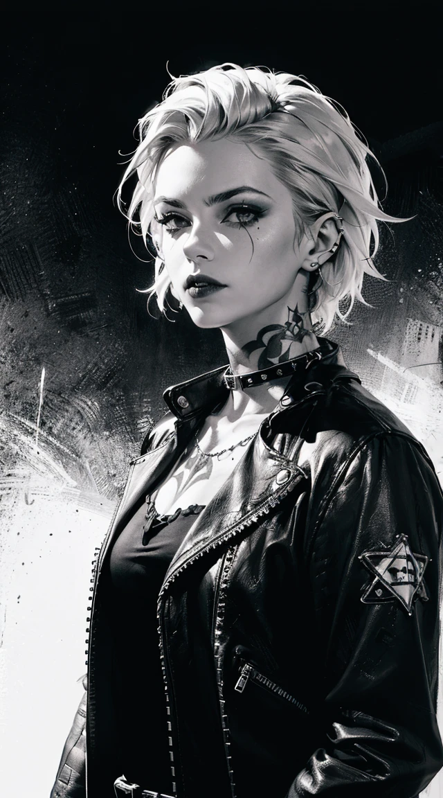 (best quality,4k,8k,highres,masterpiece:1.2),ultra-detailed,(realistic,photorealistic,photo-realistic:1.37),punk gothic woman,facial piercing,tattoos,black and white portrait,White hair fierce expression,detailed facial features,smoky eye makeup,dark lipstick,cropped hair,punk rock fashion,leather jacket,studded collar,ripped fishnet stockings,ankle boots,graffiti background,edgy lighting,contrast,highly textured tattoos,body art,heavy metal style,gothic atmosphere,monochrome palette