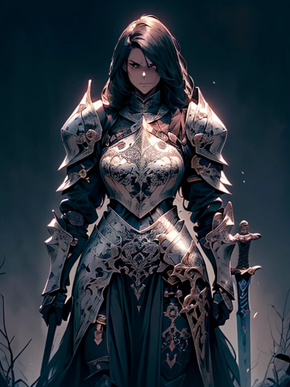 Design a layout showcase Gaming character, (1girl). Black+Gold clothes, opulent and dark, ((showcase weapon:1.4)), cursed blade, (masterpiece:1.2), (best quality), 4k, ultra-detailed, (Step by step design, layout art:1.5), (gloomy lighting, cursed atmosphere), dark knight, ((cursed gloves)), (((revealing armor:1.3))), dark vambraces, cursed boots, (((full_body_shot:1.4)))