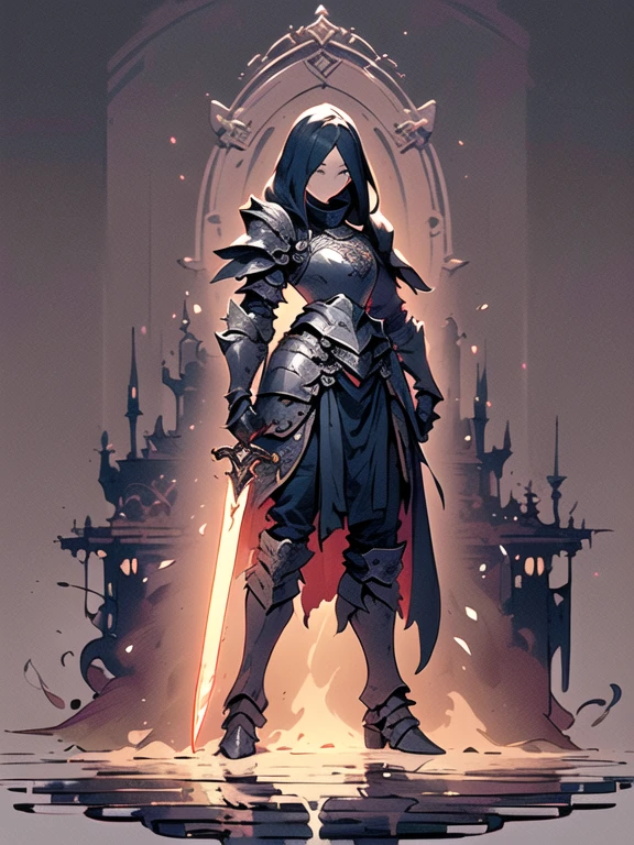 Design a layout showcase Gaming character, (1girl). Black+Gold clothes, opulent and dark, ((showcase weapon:1.4)), cursed blade, (masterpiece:1.2), (best quality), 4k, ultra-detailed, (Step by step design, layout art:1.5), (gloomy lighting, cursed atmosphere), dark knight, ((cursed gloves)), (((revealing armor:1.3))), dark vambraces, cursed boots, (((full_body_shot:1.4)))
